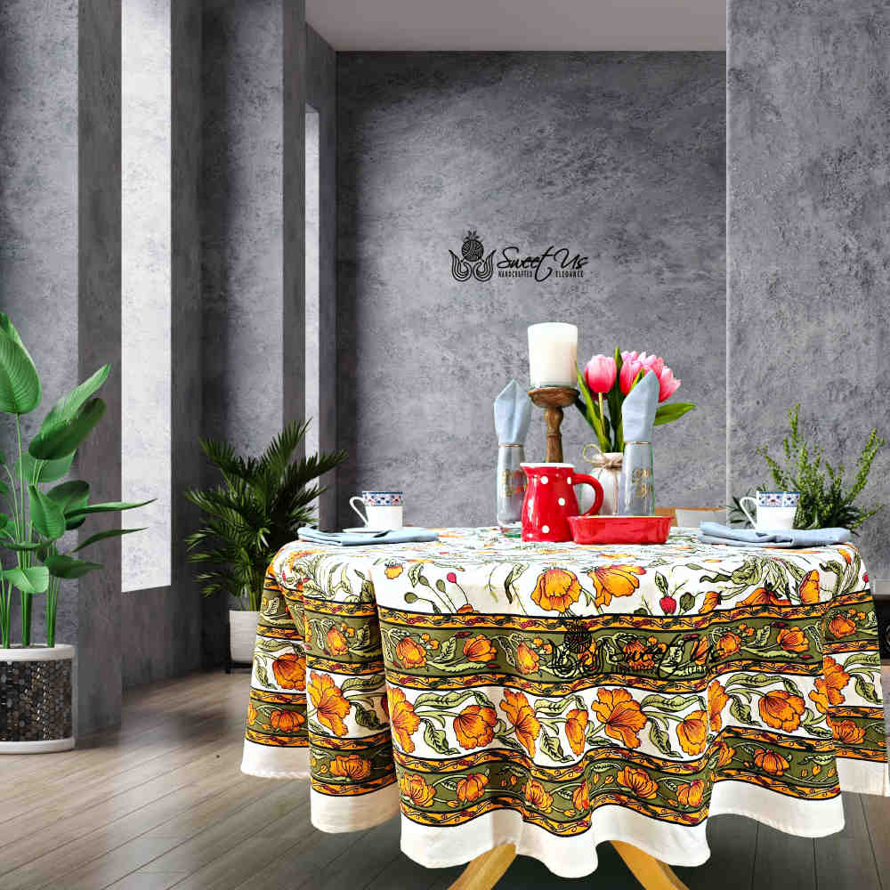 The Affluent Floral French Country Cotton Tablecloth Round, Amber White