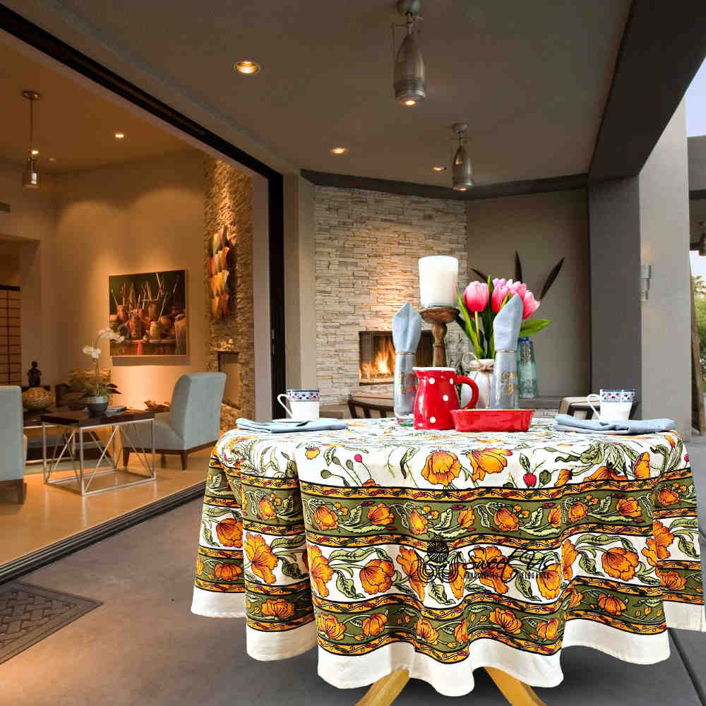 The Affluent Floral French Country Cotton Tablecloth Round, Amber White