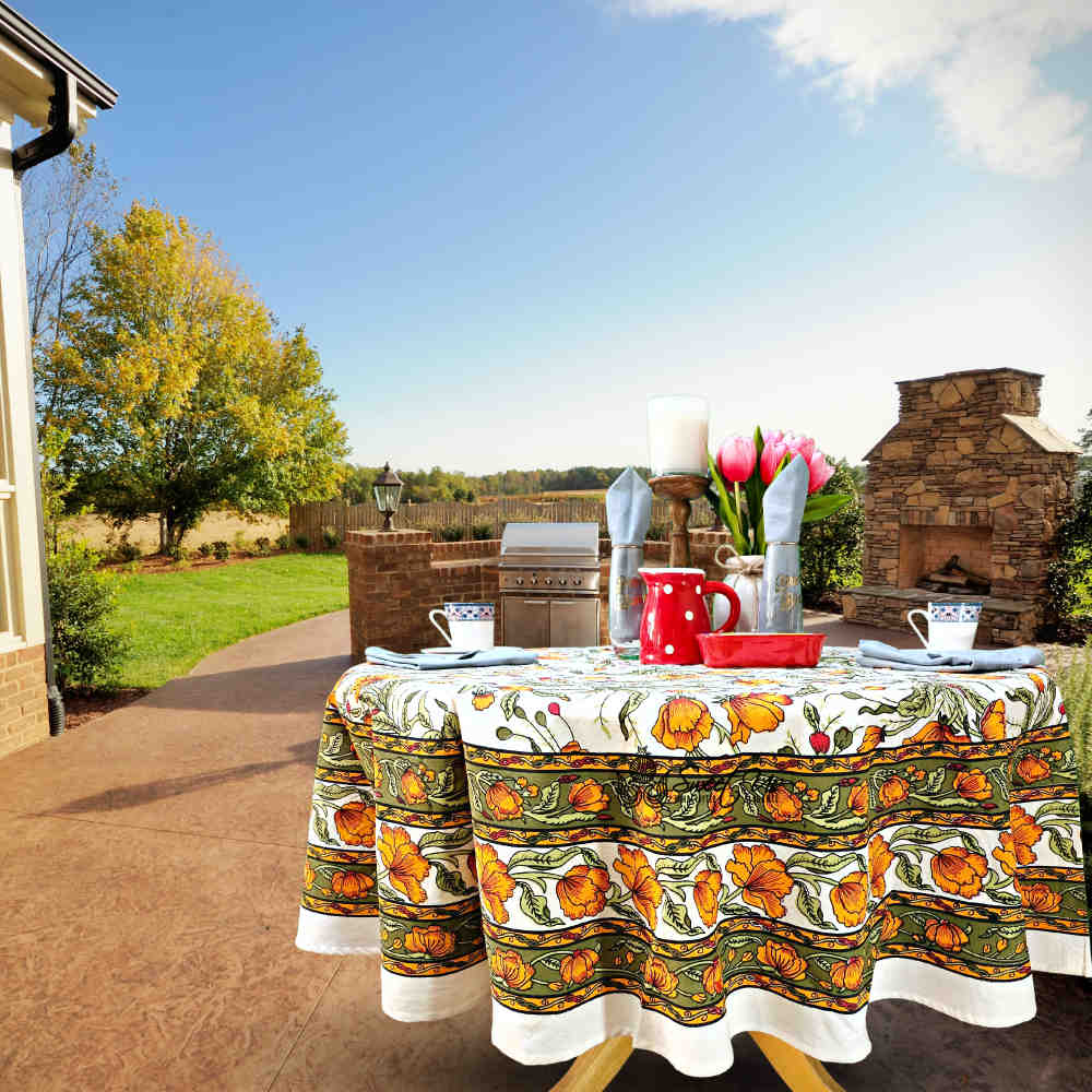 The Affluent Floral French Country Cotton Tablecloth Round, Amber White
