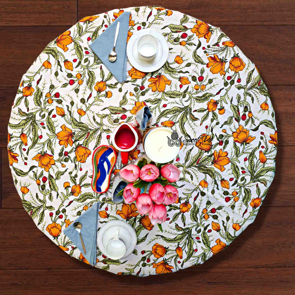 The Affluent Floral French Country Cotton Tablecloth Round, Amber White