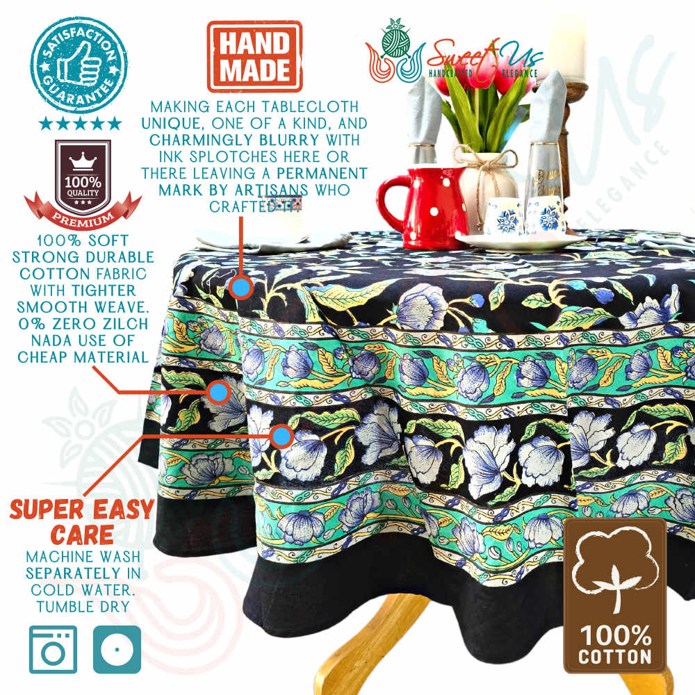 The Affluent Floral French Country Tablecloth Round, Power Black
