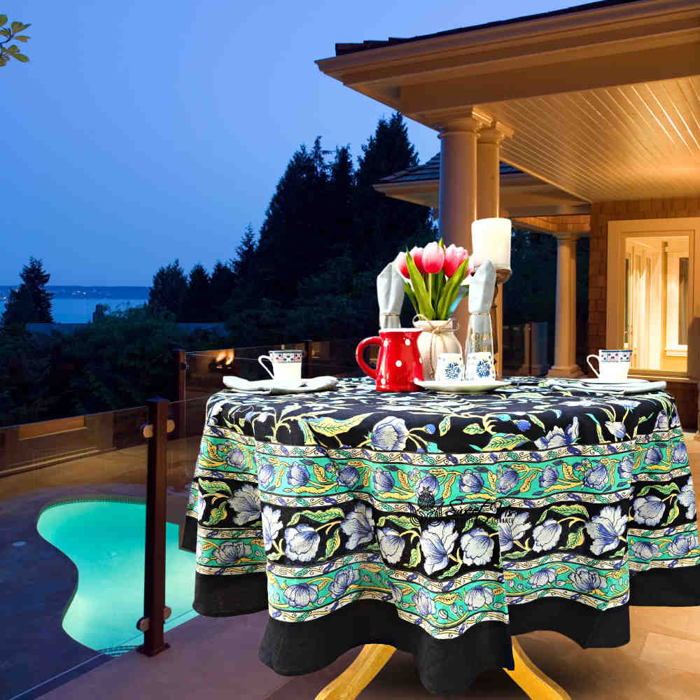 The Affluent Floral French Country Tablecloth Round, Power Black