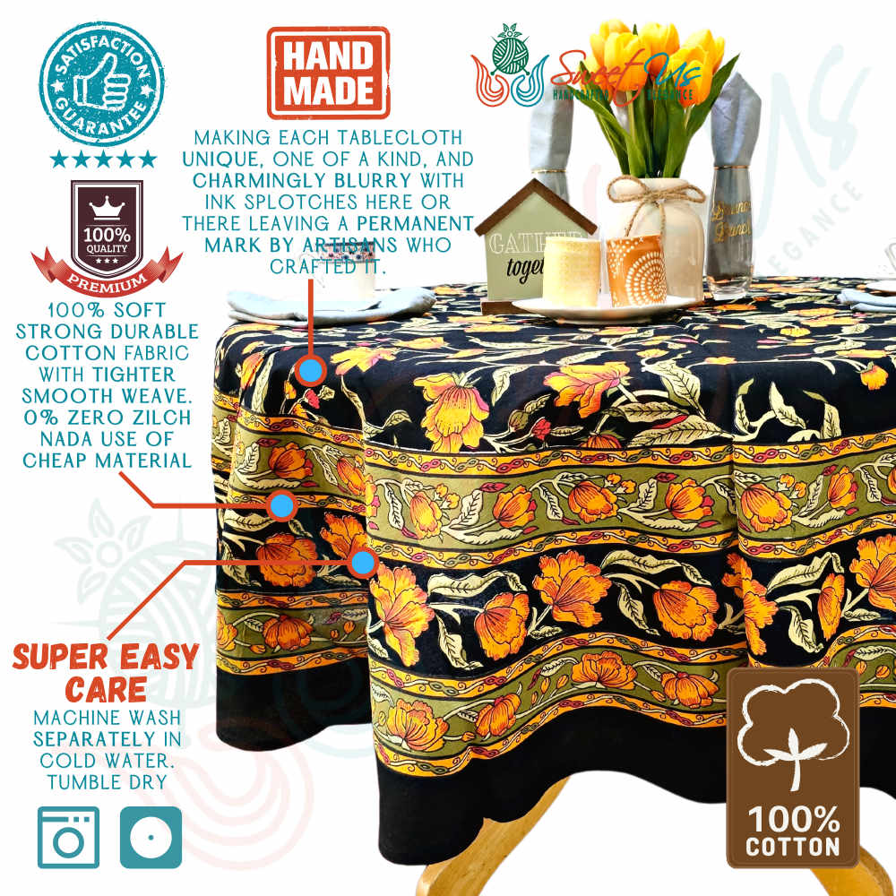The Affluent Floral French Country Cotton Tablecloth Round, Amber Black