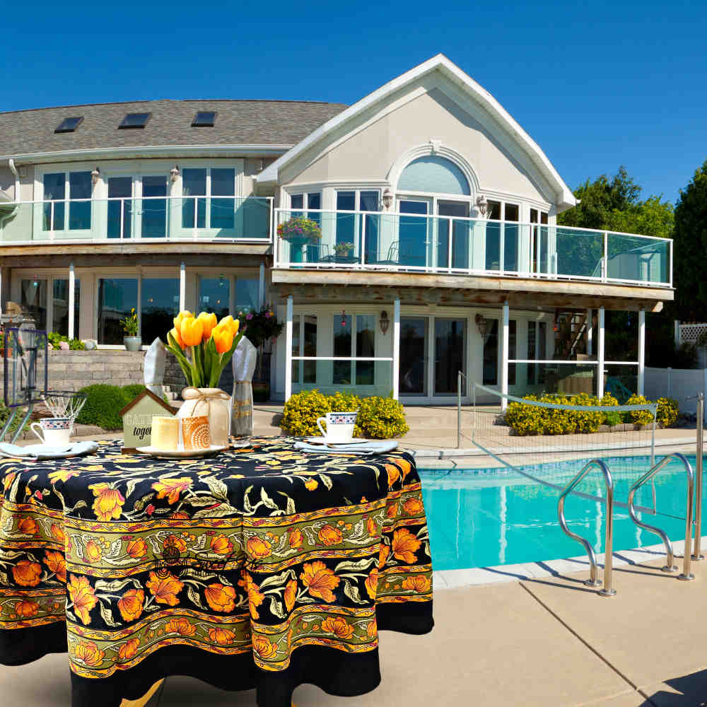 The Affluent Floral French Country Cotton Tablecloth Round, Amber Black