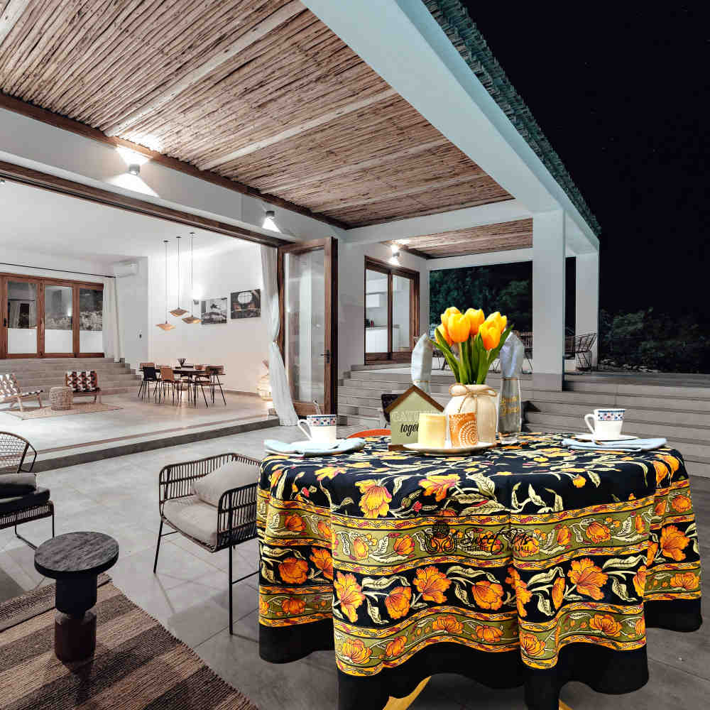 The Affluent Floral French Country Cotton Tablecloth Round, Amber Black