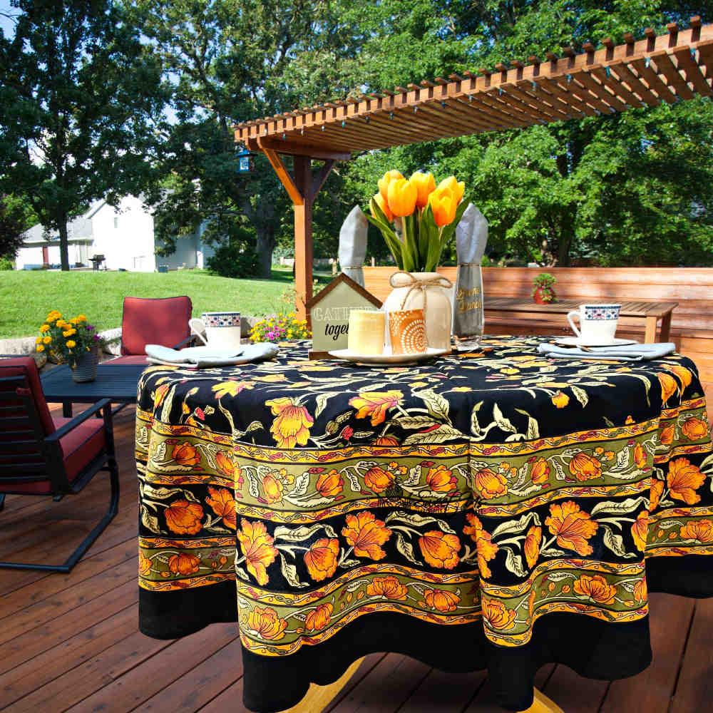 The Affluent Floral French Country Cotton Tablecloth Round, Amber Black