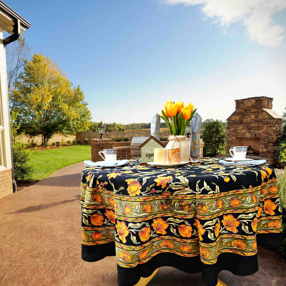 The Affluent Floral French Country Cotton Tablecloth Round, Amber Black