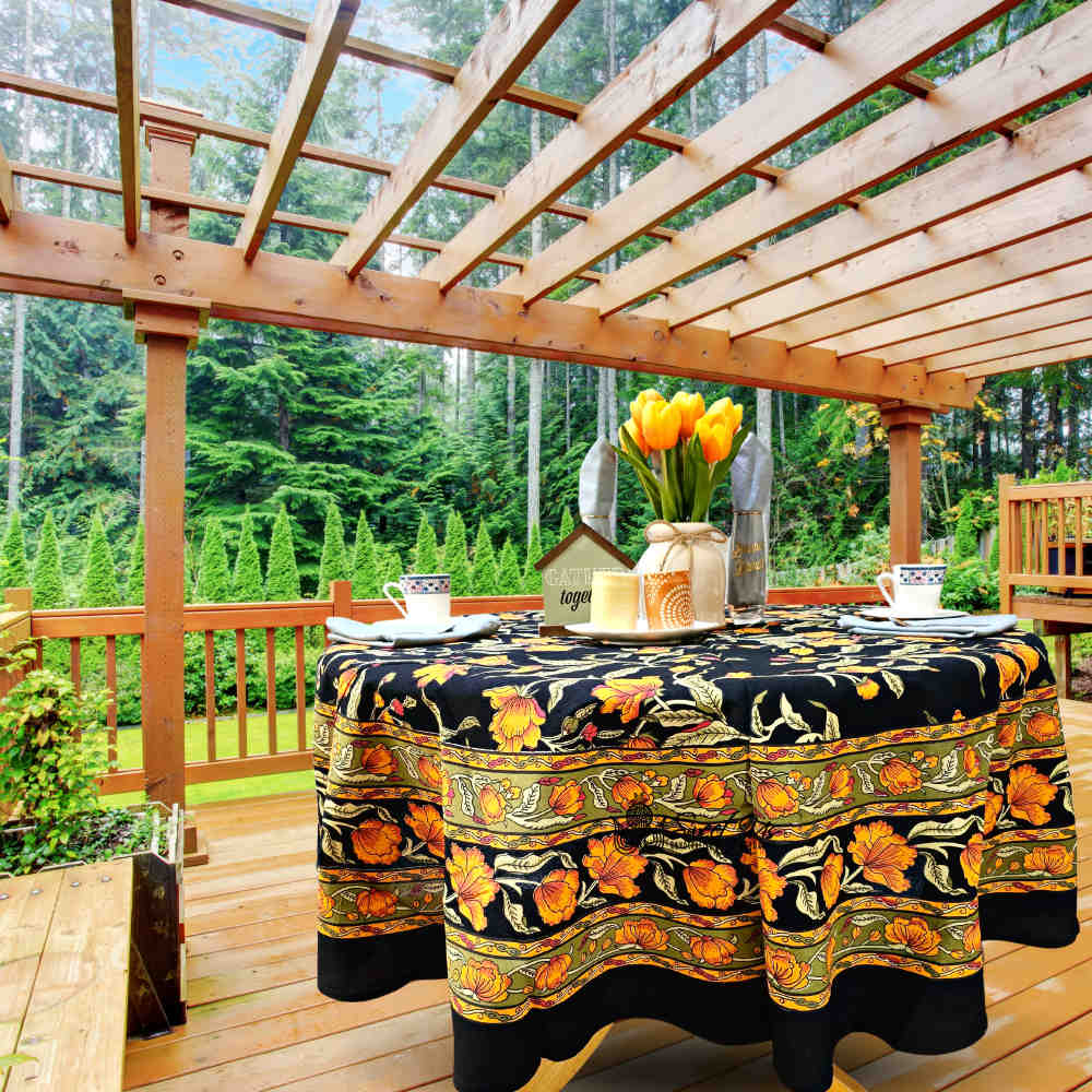 The Affluent Floral French Country Cotton Tablecloth Round, Amber Black