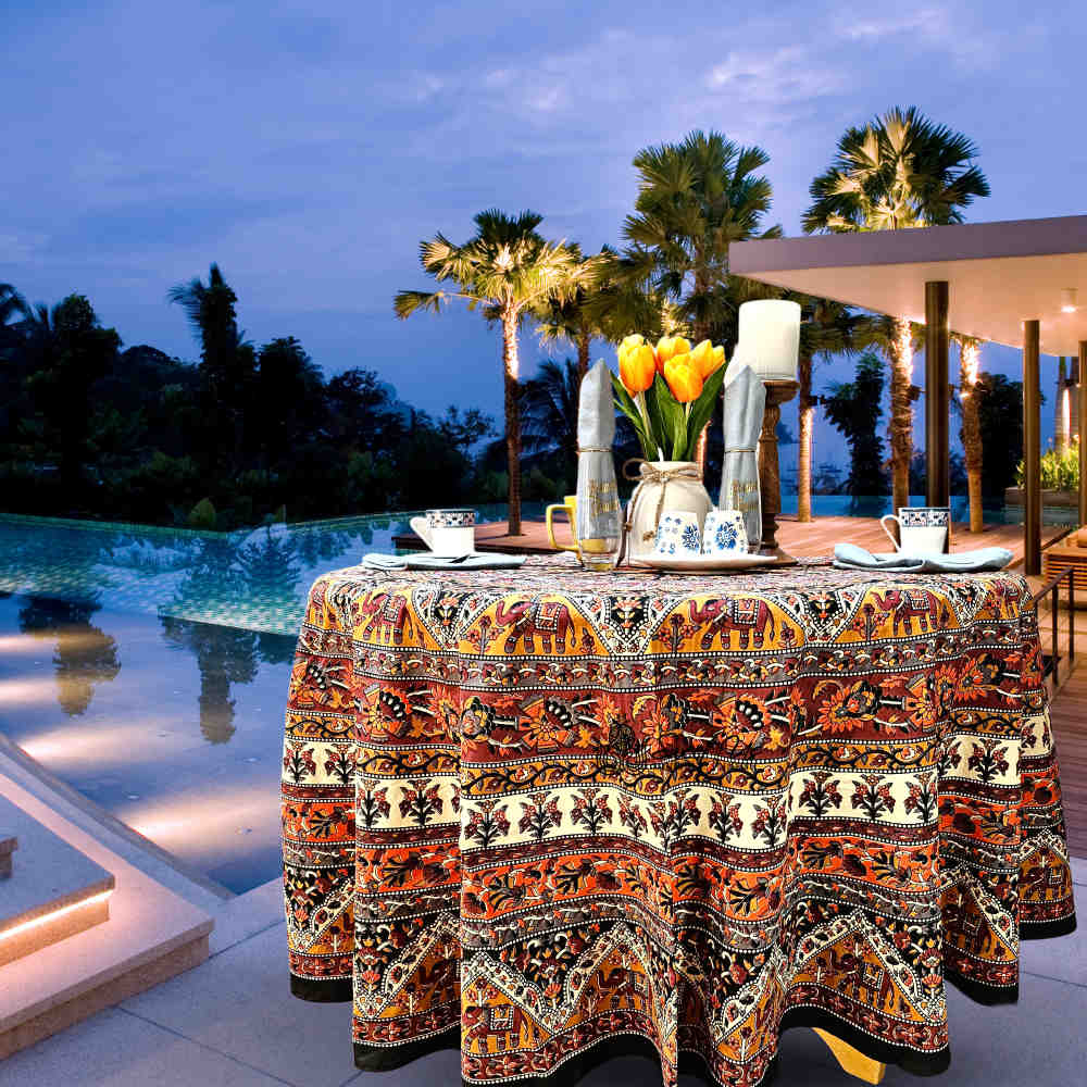 Cotton Tusker Bloom Mandala Floral Tablecloth Round, Terra Cotta