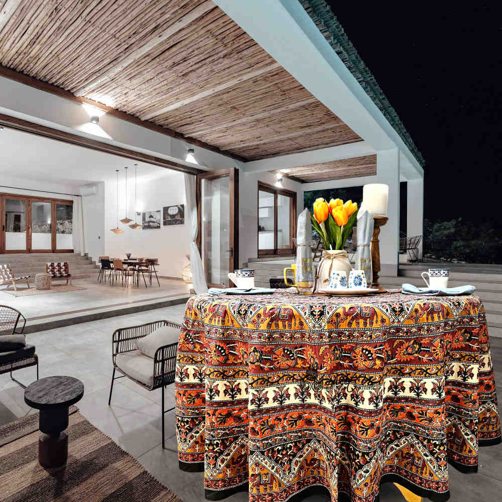 Cotton Tusker Bloom Mandala Floral Tablecloth Round, Terra Cotta