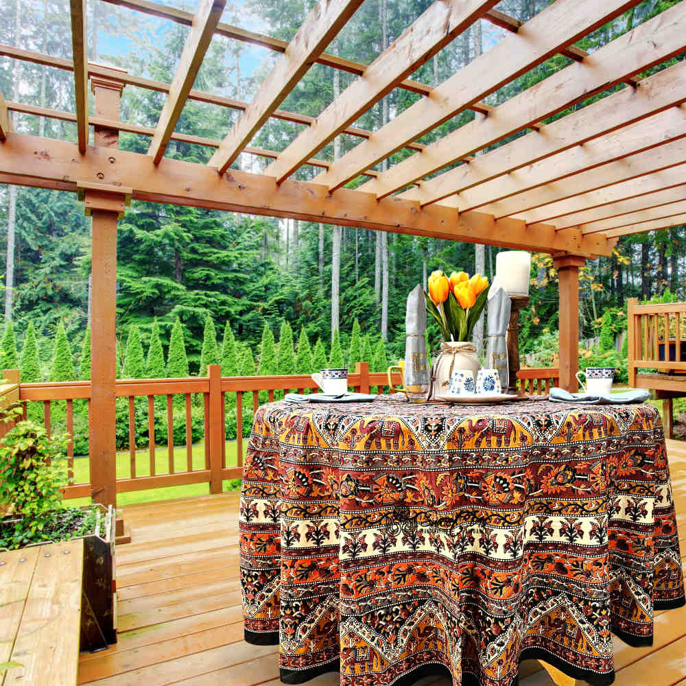 Cotton Tusker Bloom Mandala Floral Tablecloth Round, Terra Cotta