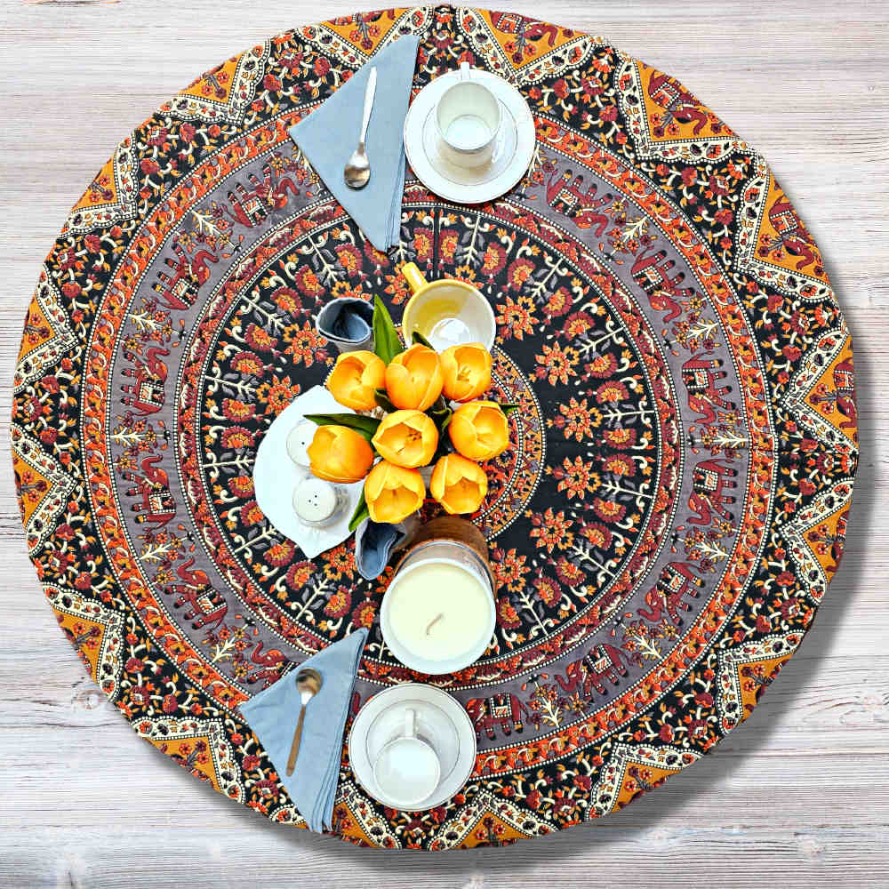 Cotton Tusker Bloom Mandala Floral Tablecloth Round, Terra Cotta