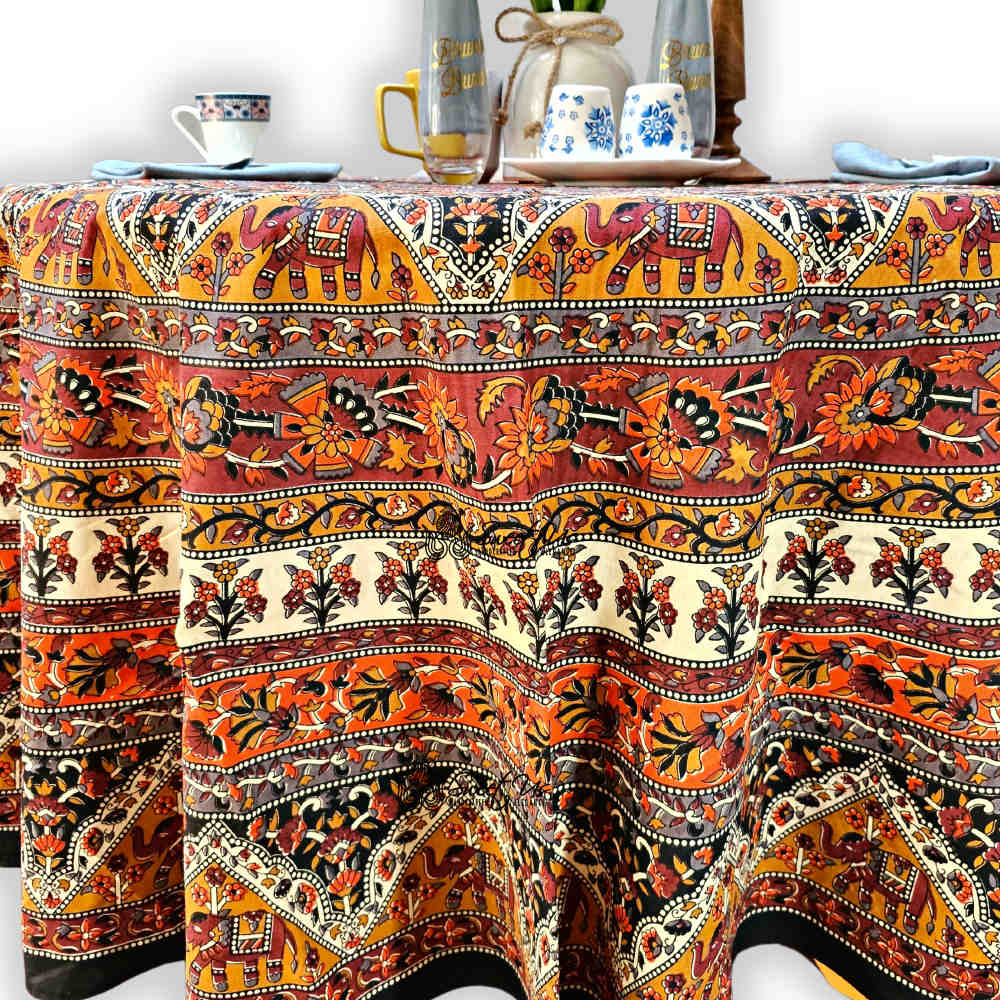 Cotton Tusker Bloom Mandala Floral Tablecloth Round, Terra Cotta
