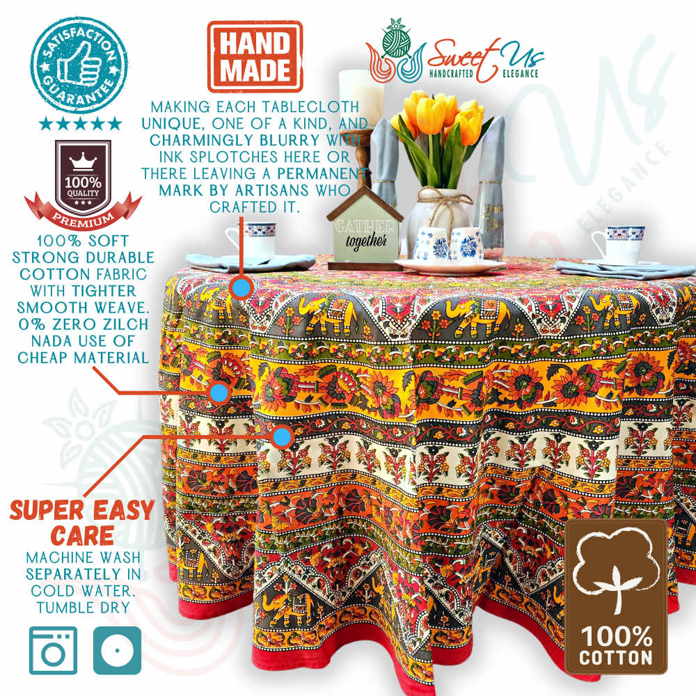 Cotton Tusker Bloom Floral Print Cotton Tablecloth Round, Red Spice Bouquet