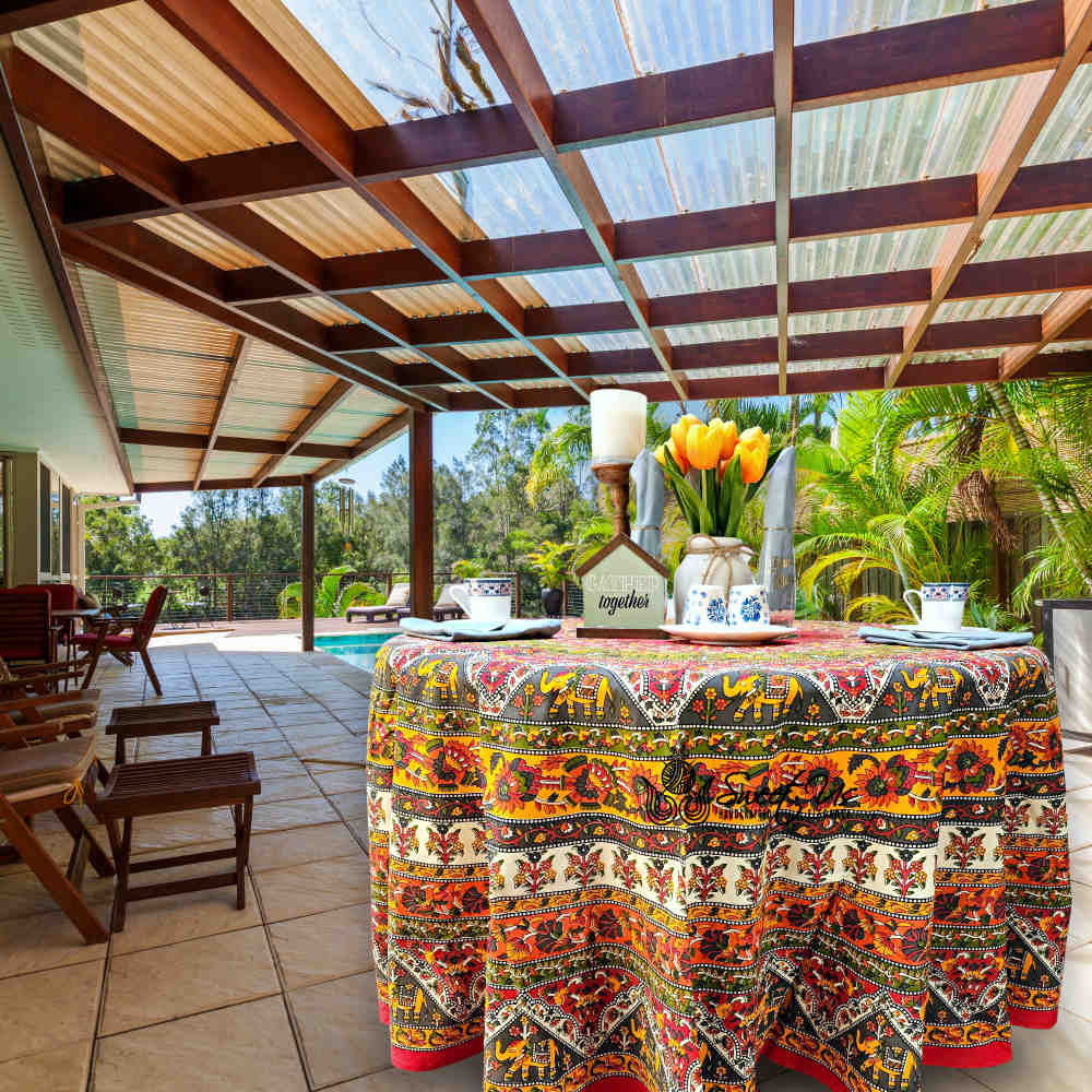 Cotton Tusker Bloom Floral Print Cotton Tablecloth Round, Red Spice Bouquet