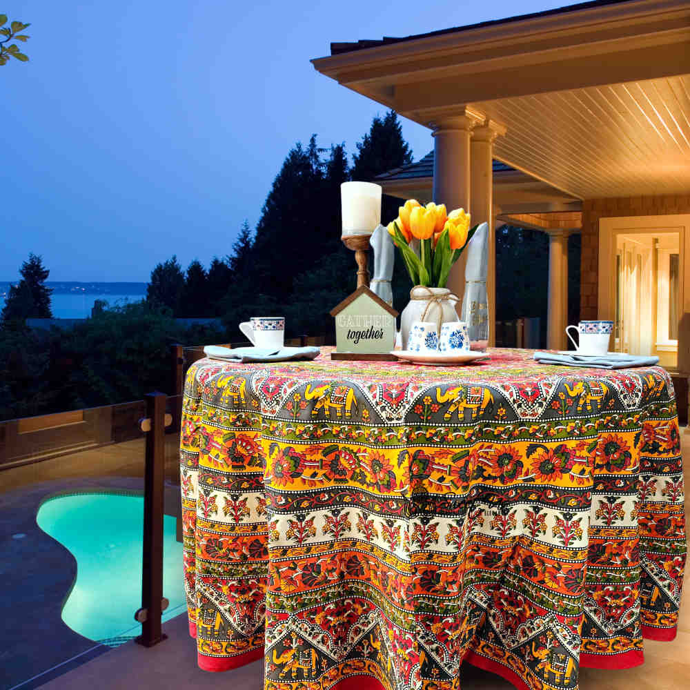 Cotton Tusker Bloom Floral Print Cotton Tablecloth Round, Red Spice Bouquet