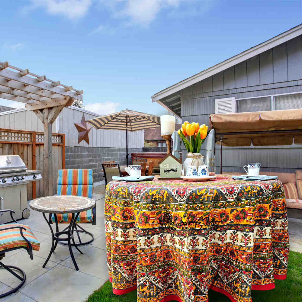 Cotton Tusker Bloom Floral Print Cotton Tablecloth Round, Red Spice Bouquet