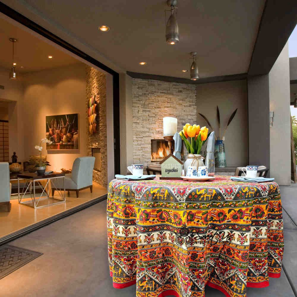 Cotton Tusker Bloom Floral Print Cotton Tablecloth Round, Red Spice Bouquet