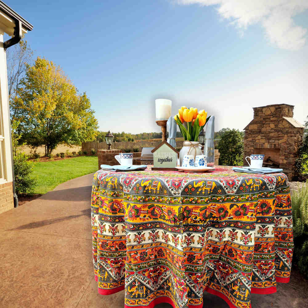 Cotton Tusker Bloom Floral Print Cotton Tablecloth Round, Red Spice Bouquet