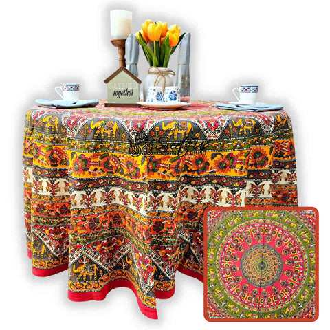 Cotton Tusker Bloom Floral Print Cotton Tablecloth Round, Red Spice Bouquet