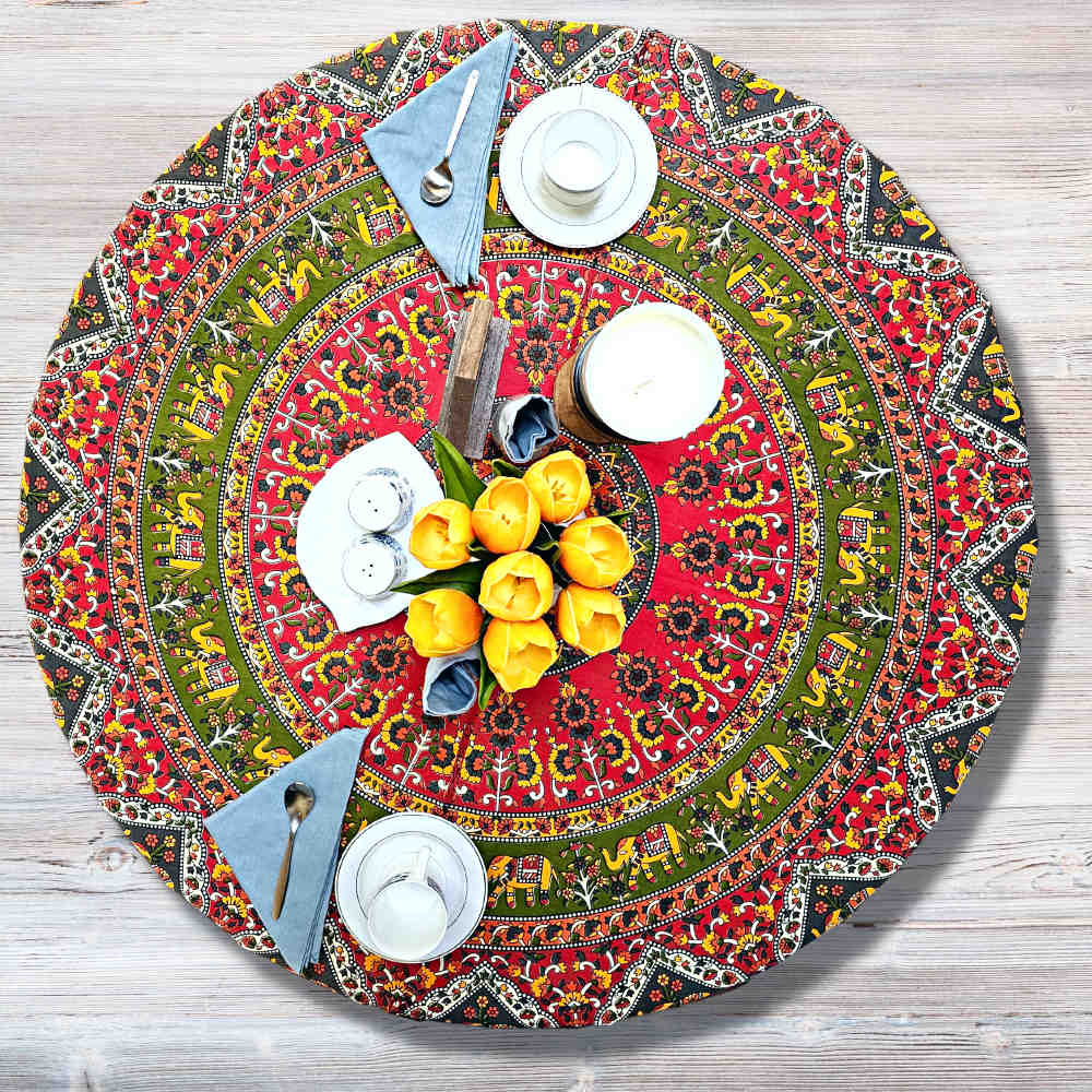 Cotton Tusker Bloom Floral Print Cotton Tablecloth Round, Red Spice Bouquet