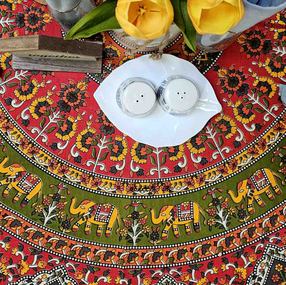 Cotton Tusker Bloom Floral Print Cotton Tablecloth Round, Red Spice Bouquet
