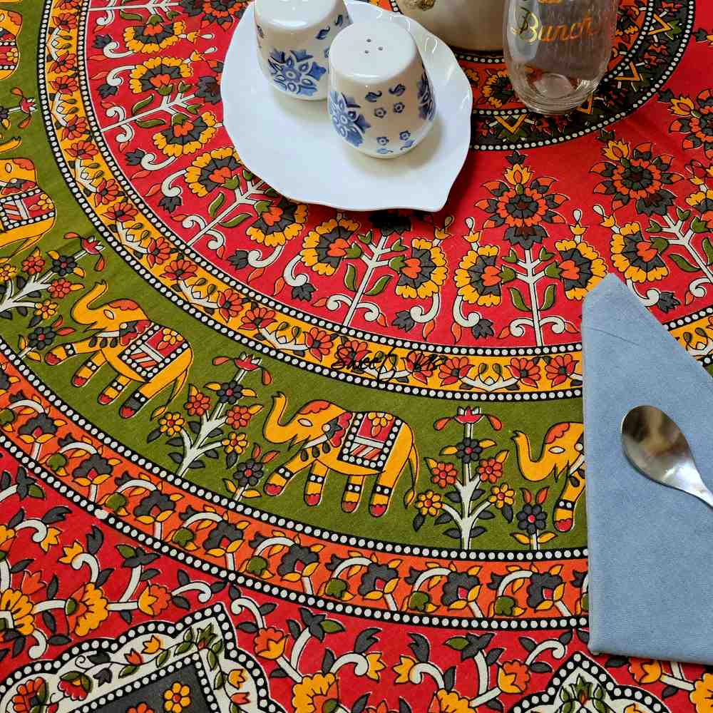 Cotton Tusker Bloom Floral Print Cotton Tablecloth Round, Red Spice Bouquet