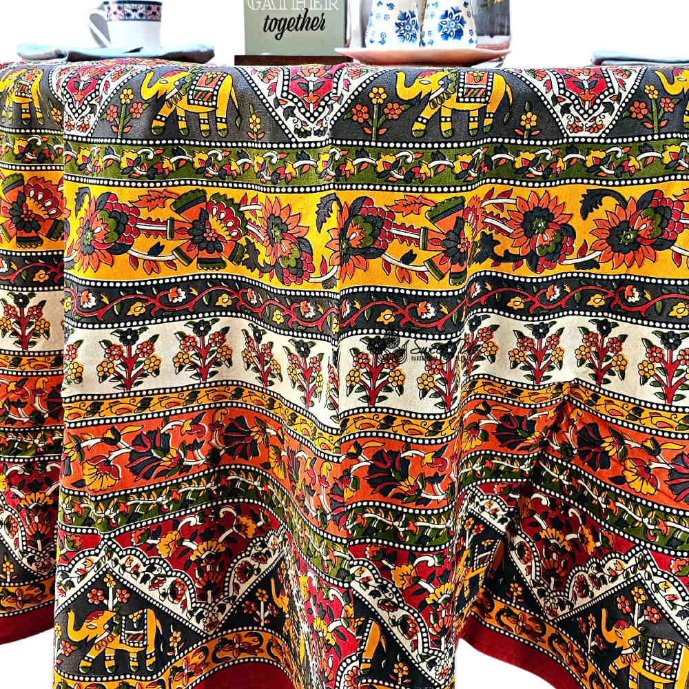 Cotton Tusker Bloom Floral Print Cotton Tablecloth Round, Red Spice Bouquet