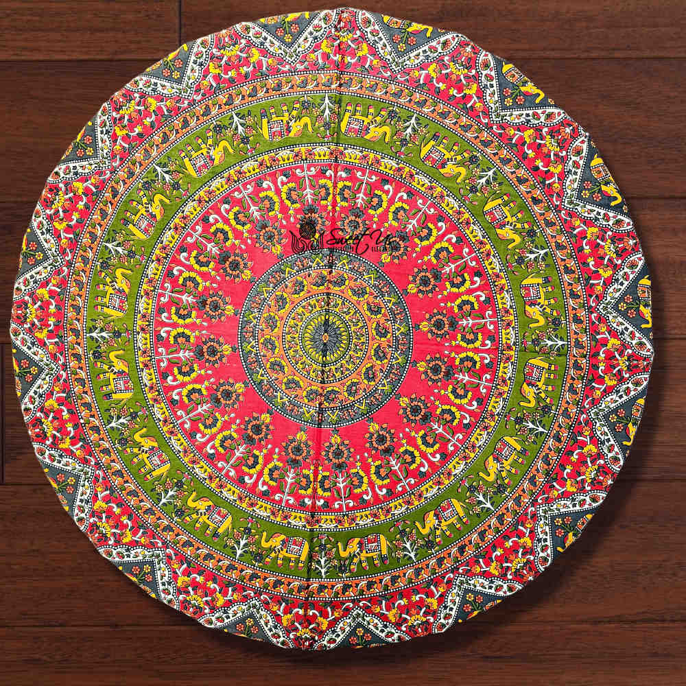 Cotton Tusker Bloom Floral Print Cotton Tablecloth Round, Red Spice Bouquet