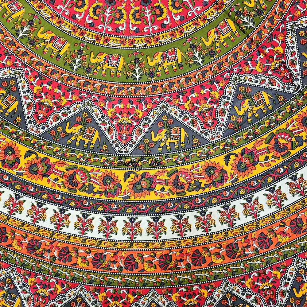 Cotton Tusker Bloom Floral Print Cotton Tablecloth Round, Red Spice Bouquet