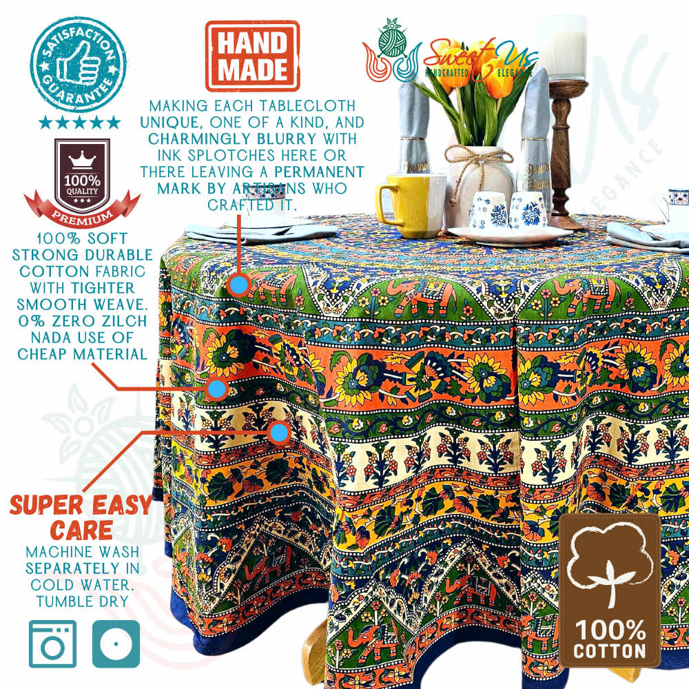 Cotton Tusker Bloom Floral Print Cotton Tablecloth Round, Blue Horizon