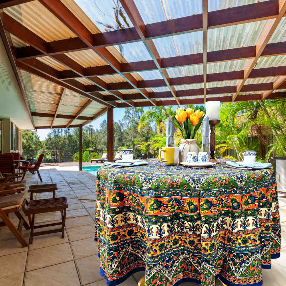 Cotton Tusker Bloom Floral Print Cotton Tablecloth Round, Blue Horizon