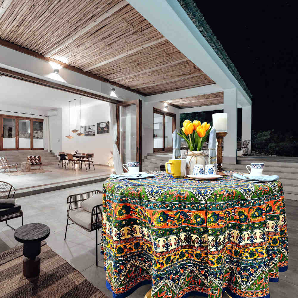 Cotton Tusker Bloom Floral Print Cotton Tablecloth Round, Blue Horizon