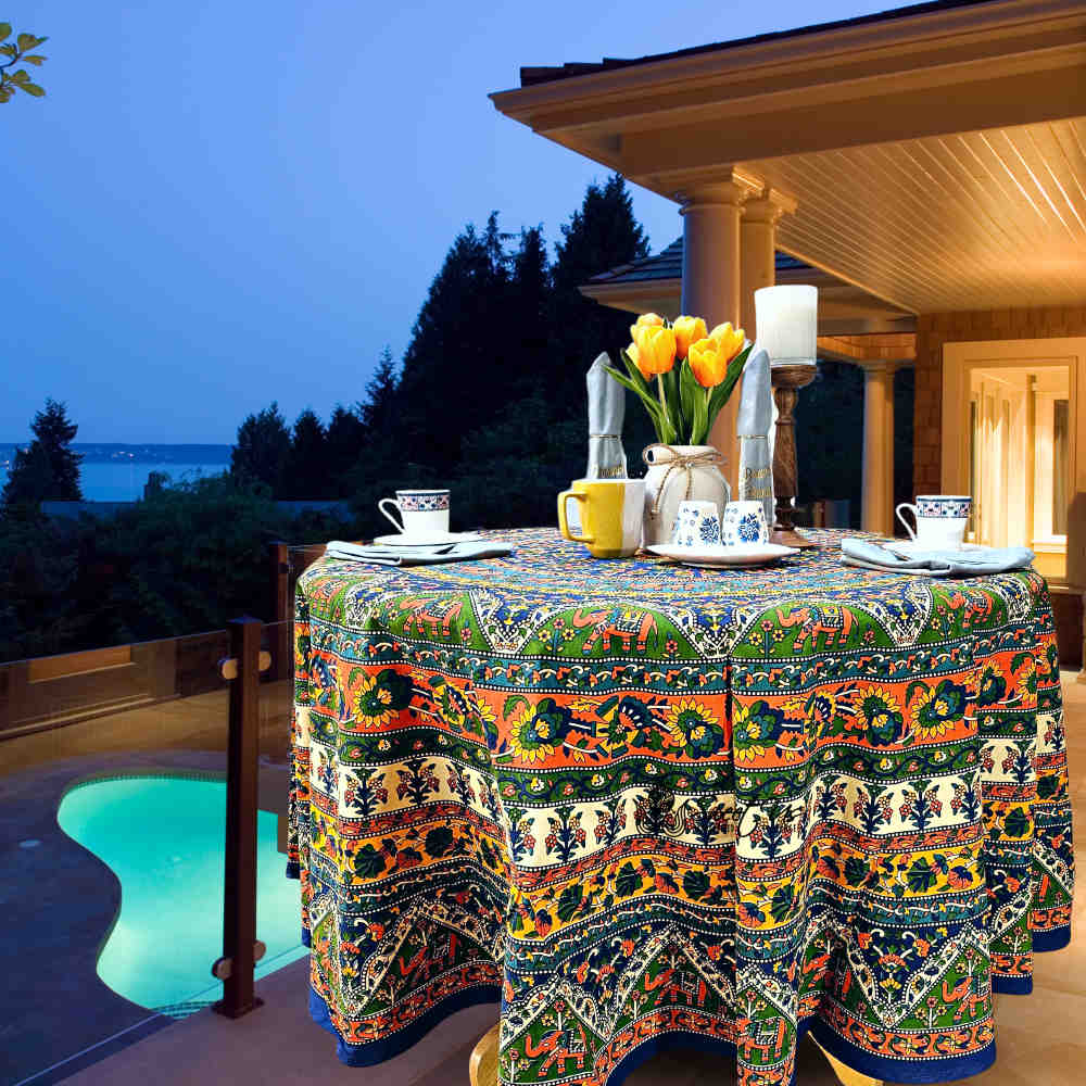 Cotton Tusker Bloom Floral Print Cotton Tablecloth Round, Blue Horizon