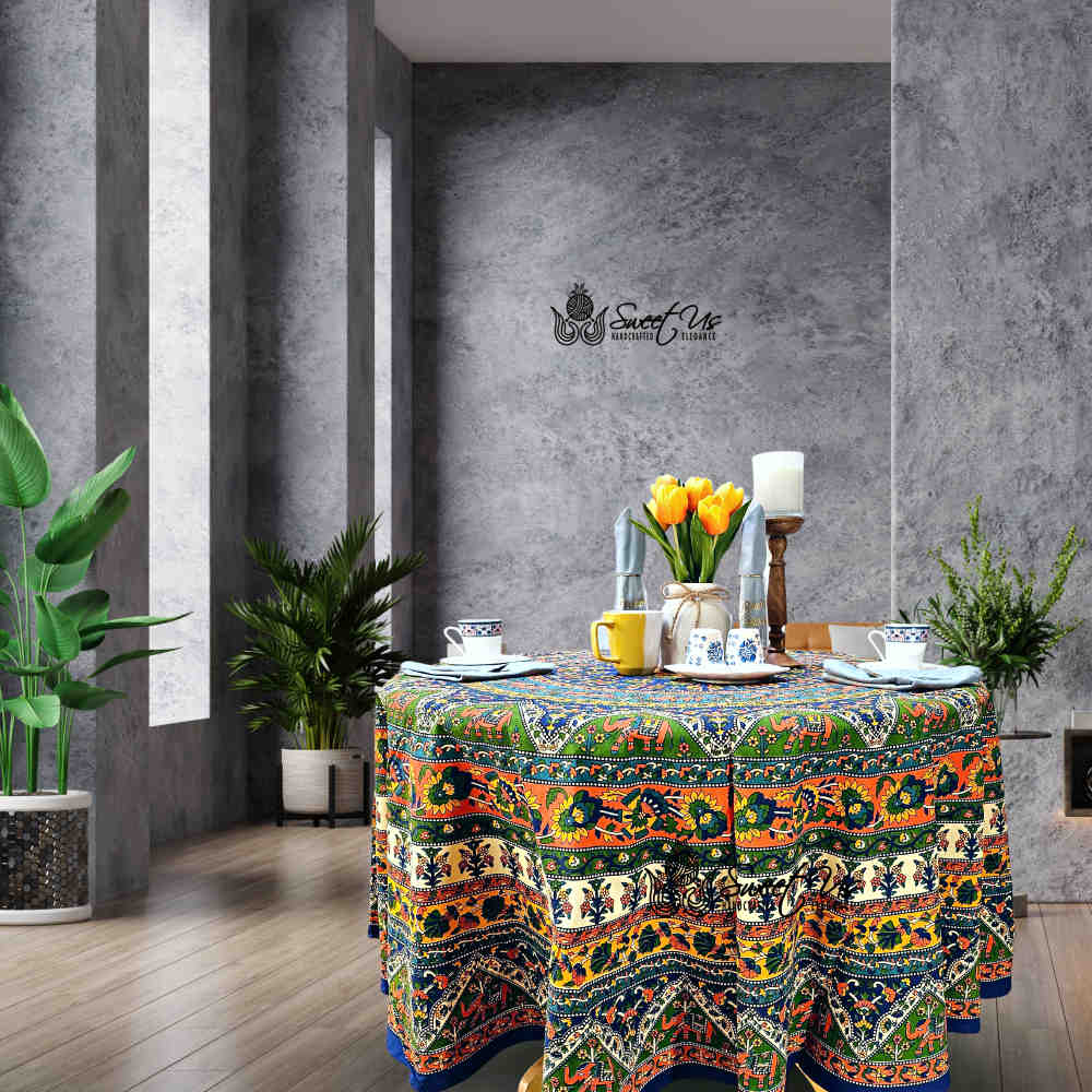 Cotton Tusker Bloom Floral Print Cotton Tablecloth Round, Blue Horizon