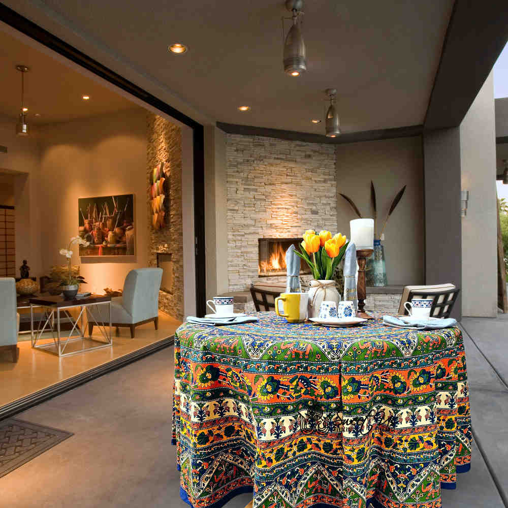 Cotton Tusker Bloom Floral Print Cotton Tablecloth Round, Blue Horizon