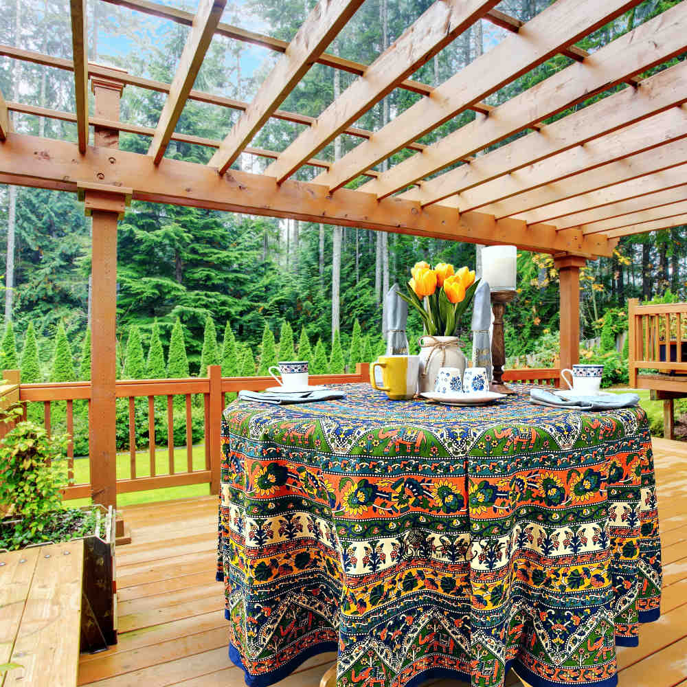 Cotton Tusker Bloom Floral Print Cotton Tablecloth Round, Blue Horizon