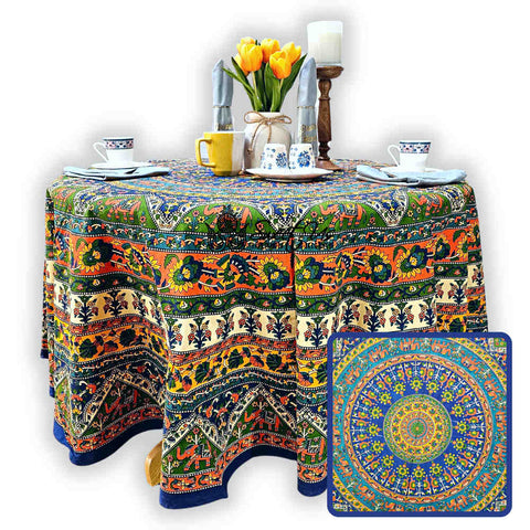 Cotton Tusker Bloom Floral Print Cotton Tablecloth Round, Blue Horizon