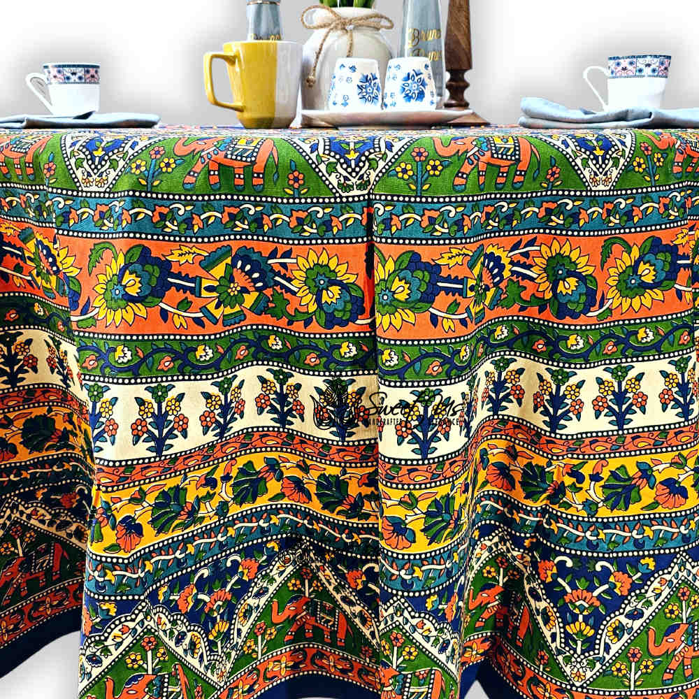 Cotton Tusker Bloom Floral Print Cotton Tablecloth Round, Blue Horizon