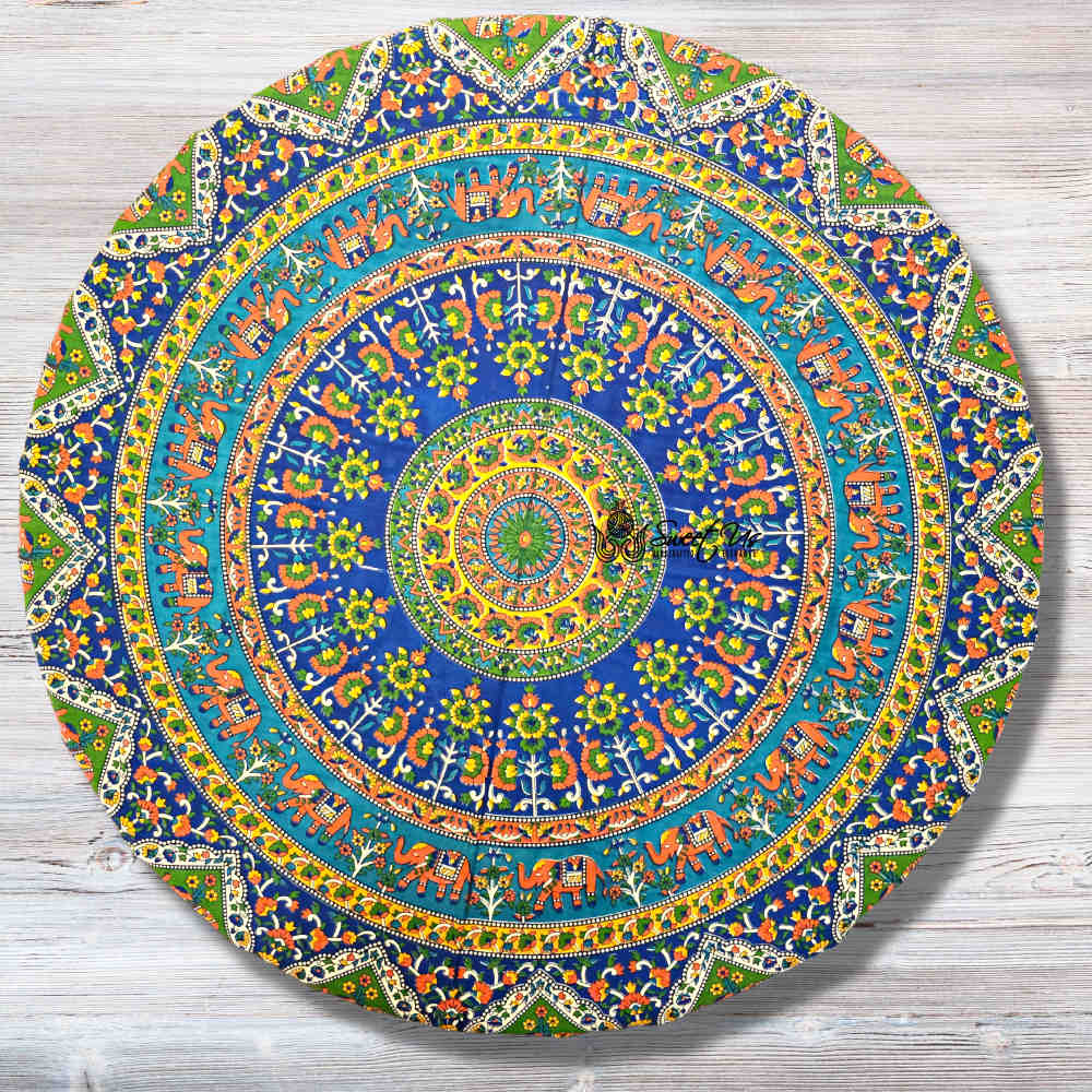 Cotton Tusker Bloom Floral Print Cotton Tablecloth Round, Blue Horizon