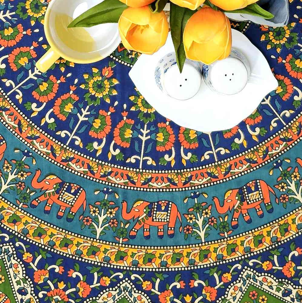 Tusker Bloom Floral Print Cotton Tablecloth Round — Blue Horizon - Sweet Us