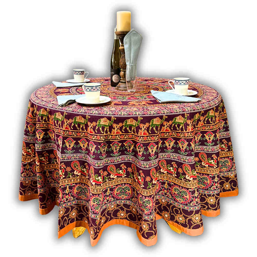 Meridian Mandala Cotton Tablecloth Round — Burgundy Ember - Sweet Us