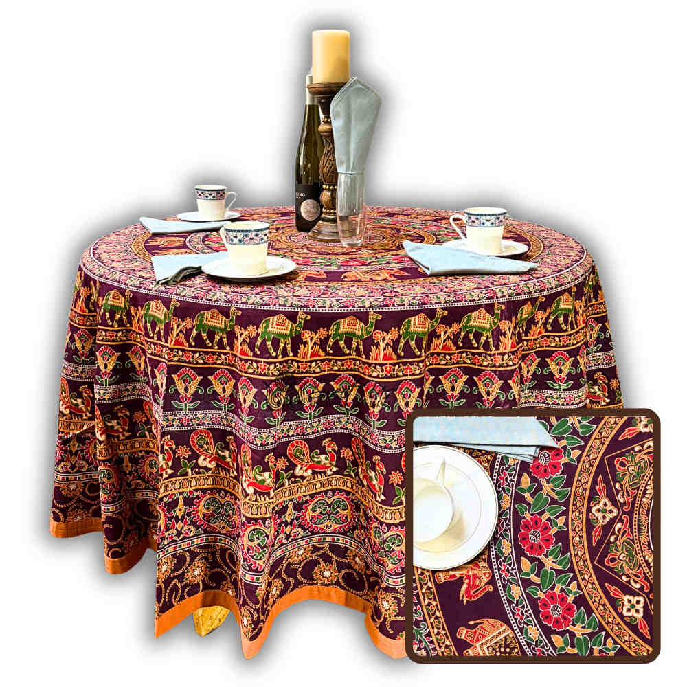 Meridian Mandala Cotton Tablecloth Round — Burgundy Ember - Sweet Us