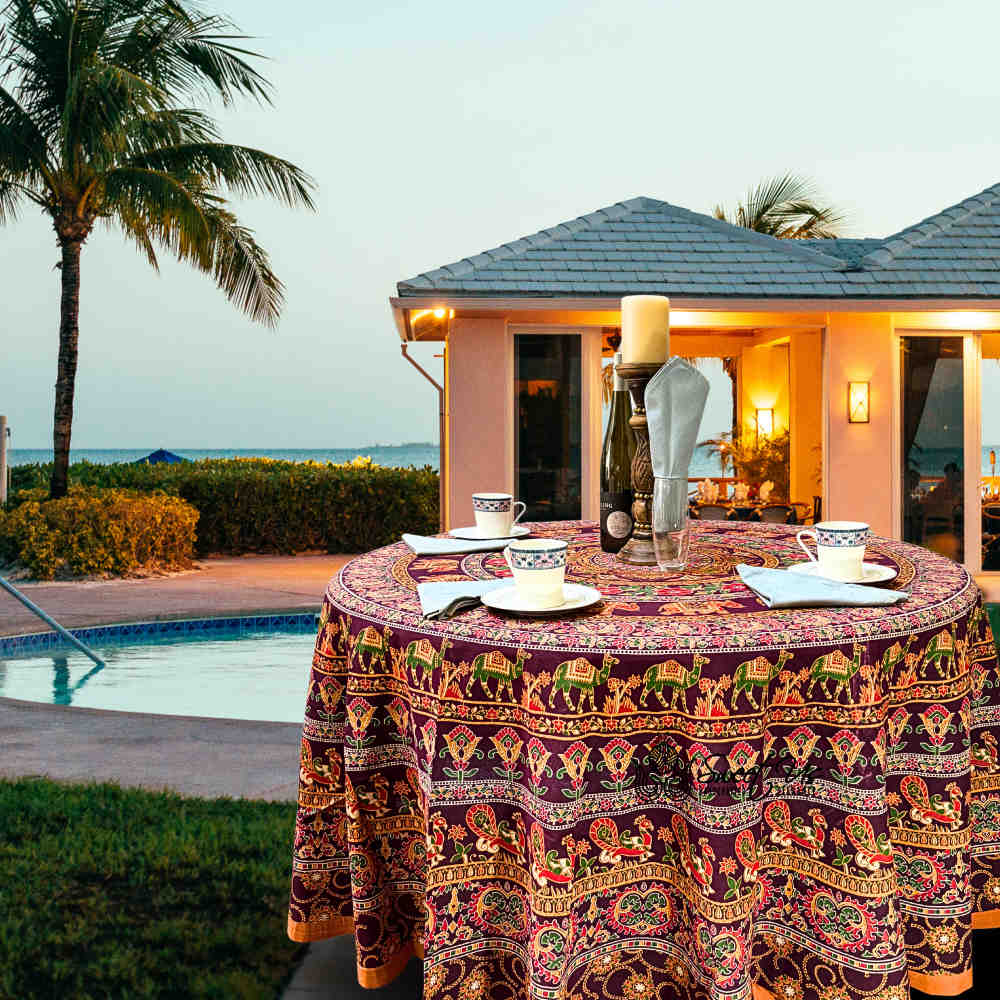 Meridian Mandala Cotton Tablecloth Round — Burgundy Ember - Sweet Us