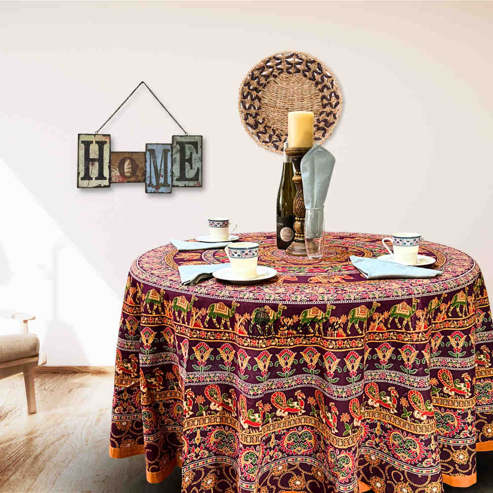 Meridian Mandala Cotton Tablecloth Round — Burgundy Ember - Sweet Us
