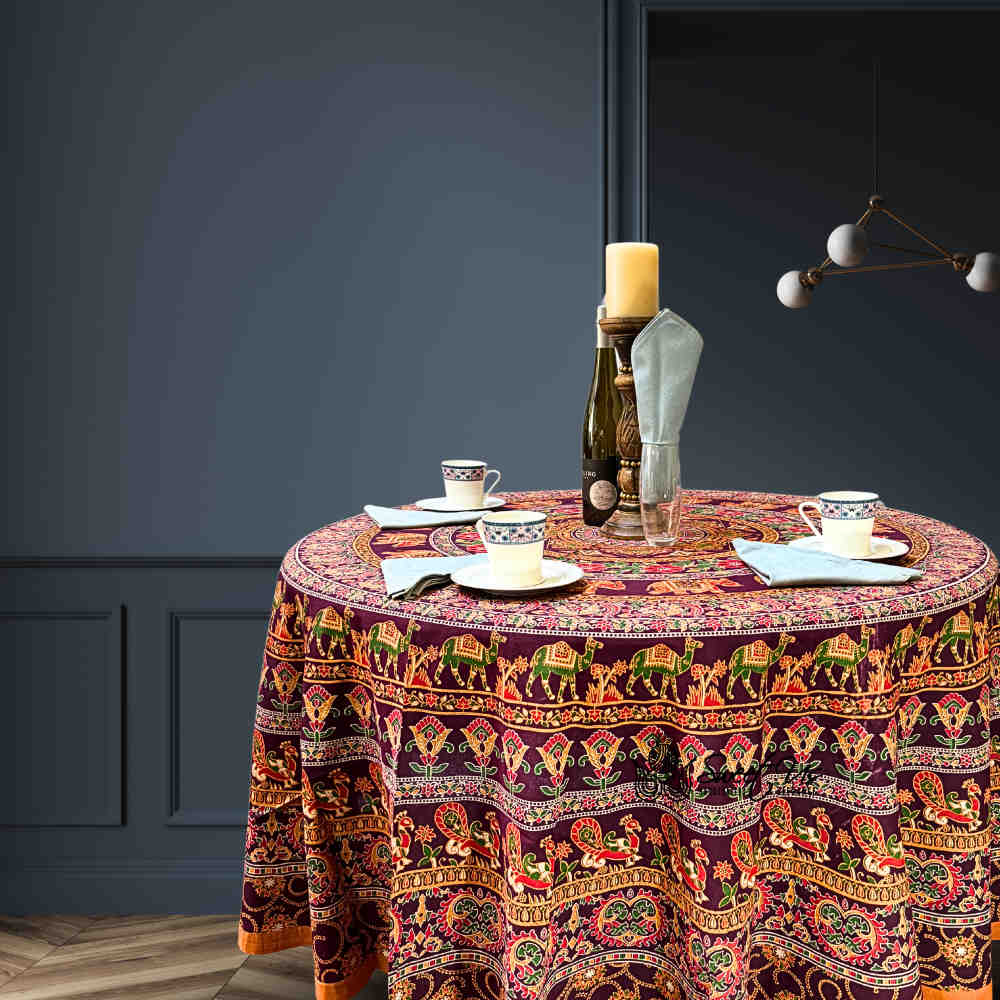 Meridian Mandala Cotton Tablecloth Round — Burgundy Ember - Sweet Us