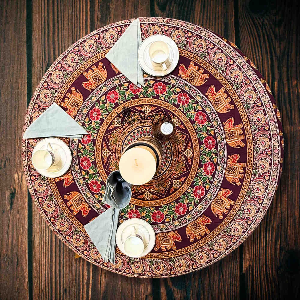 Meridian Mandala Cotton Tablecloth Round — Burgundy Ember - Sweet Us
