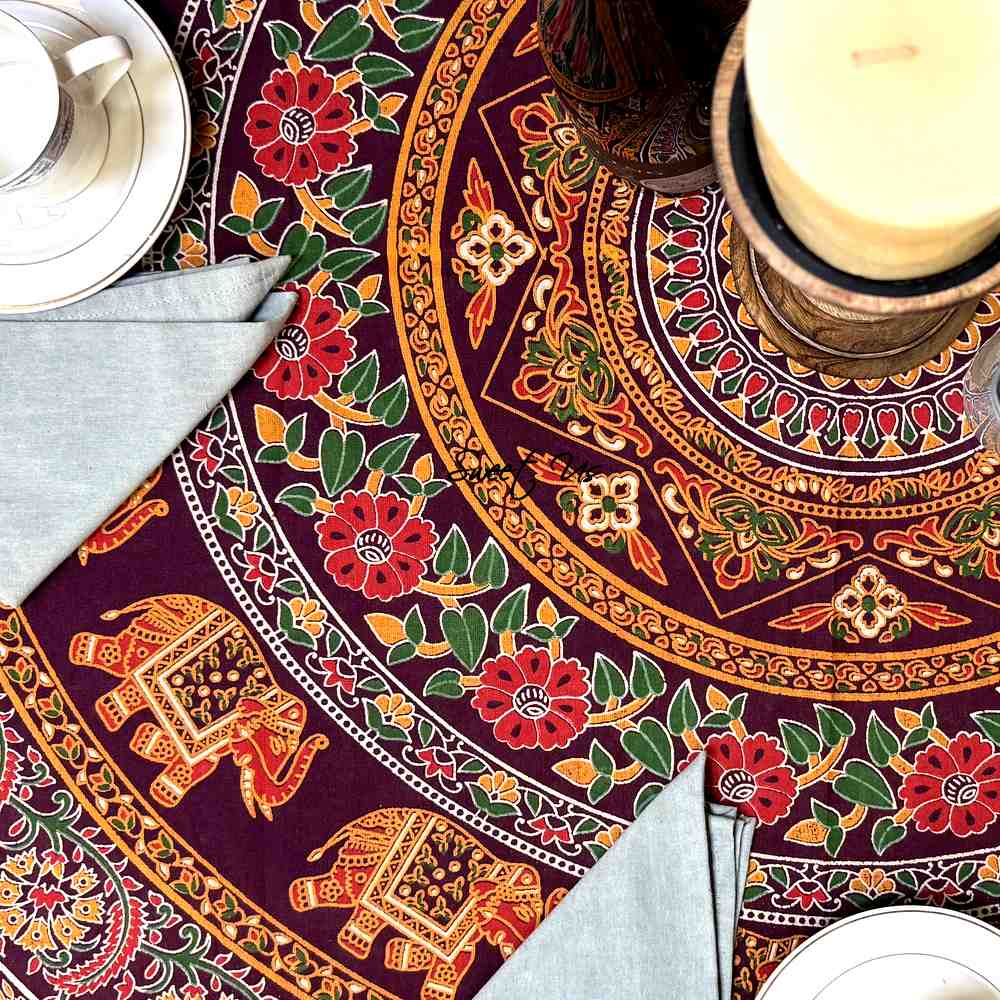 Meridian Mandala Cotton Tablecloth Round — Burgundy Ember - Sweet Us