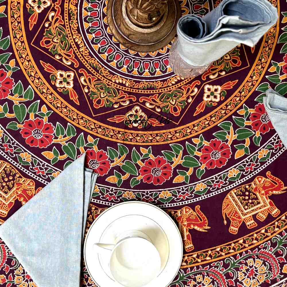 Meridian Mandala Cotton Tablecloth Round — Burgundy Ember - Sweet Us
