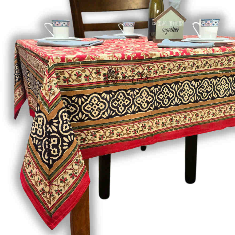 Sweet Us Amara Floral Cotton Block Print Tablecloth Rectangle, Terracotta Ruby
